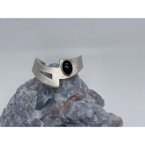 MEXICO 925 Sterling Silver - Vintage Cabochon Black Onyx Cuff Bracelet